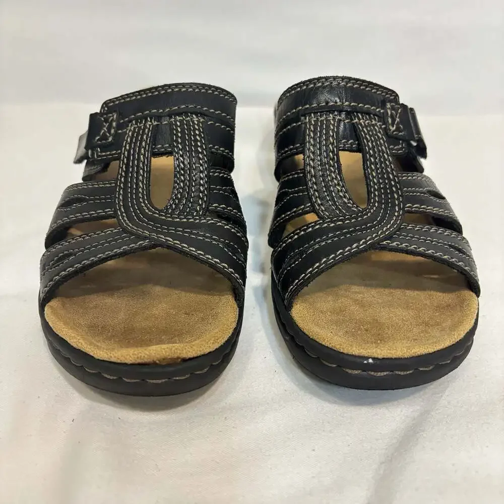 Clarks Bendables Black Leather Wedge Comfort Sandals Size 9